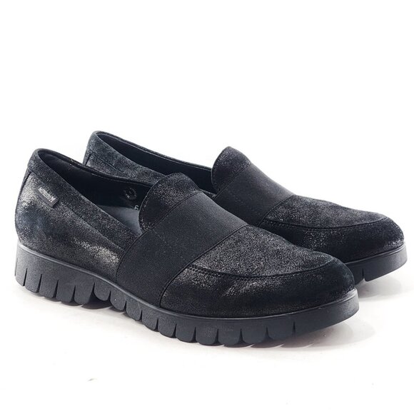 MEPHISTO Loriane Black Sparkly Leather Slip-On Loafers Wedge Heel - Picture 3 of 10